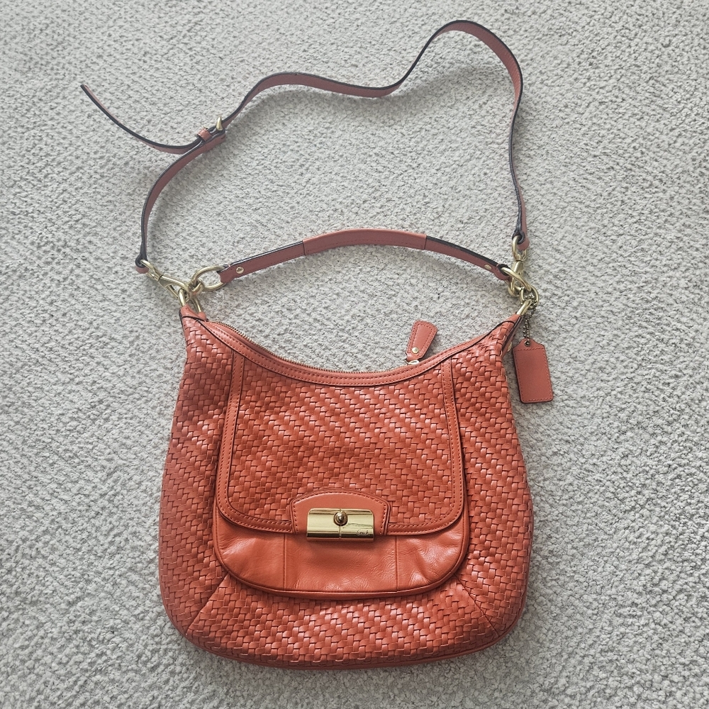 Coach Kristin Orange Woven Genuine Leather Large Hobo Shoulder Bag